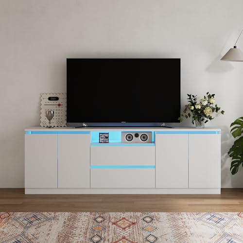 Bobve Modern TV Stand for TVs Up to 100",LED TV Console,Long Entertainment Center with 2 Drawers/2 Cabinets,Universal TV Stand for Living Room,Bedroom,White,3 Light Modes - color: White