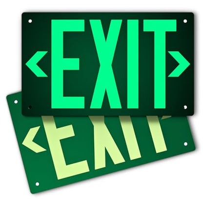Photoluminescent Exit Sign Aluminum - Adhesive Backing Glow In The Dark - Removable Arrows Included - Pre-drilled Holes - 12x7 Inches - Non Electrical Green Exit Light For 50 Feet Visibility (2 Pack) - color: Green 2 PCS With Pre-drilled Holes