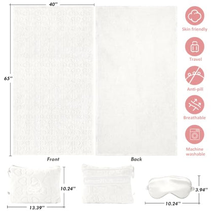 Travel Blanket, Airplane Blanket, Ultra-Soft, Warm & Lightweight, 65x40 in, Outdoor Blanket Essentials for Women, Men & Kids, Included Eye Mask, Luggage Sleeve & Backpack Clip Heart Cream - color: Heart Cream White