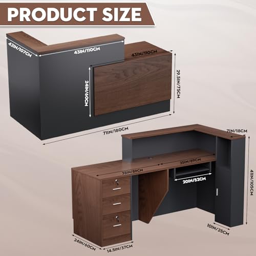 L-Shaped Large Wooden Reception Desk, Modern Front Desk Reception Counter with Lockable Drawers & Storage & Keyboard Tray, for Checkout, Lobby (Right-Walnut/Gray, 71''L x 42''W x 41''H) - color: Walnut+gray, size: Right-71''L x 42''W x 41''H