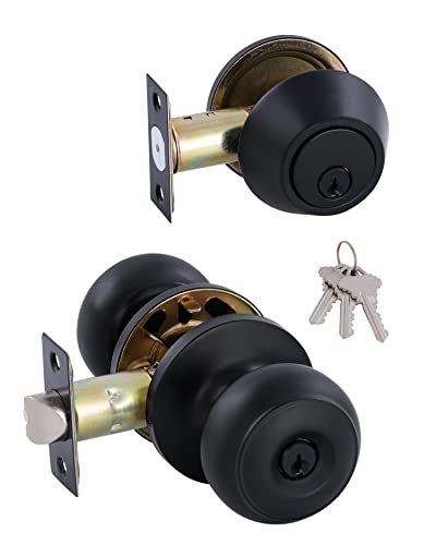 All Keyed Identical Deadbolt Door knob Single Cylinder Deadbolt Lock Combo Set, Classic Matte Black Exterior Door Knobs with Deadbolt Entrance and Front Door Lock - color: Black Keyed Alike 1DB, size: 1