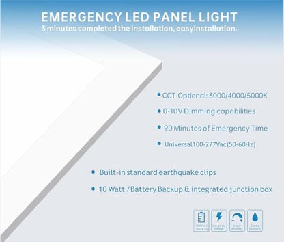2X4 LED Flat Panel Light with Emergency Battery Backup, 50W 3000K/4000K/5000K, 0-10V Dimmable, 6500 Lumens, Backlit Drop Ceiling Panel, 100-277V, UL Listed, Built-in Backup – 2 Pack
