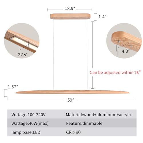 YISDESIGN 59" 40W Wood LED Linear Pendant Light Fixture Led Dining Room Light Dimmable Hanging Light Fixture for Dining Room Kitchen Island Pool Table Lights Natural Ash - color: Natural Ash, size: 59in