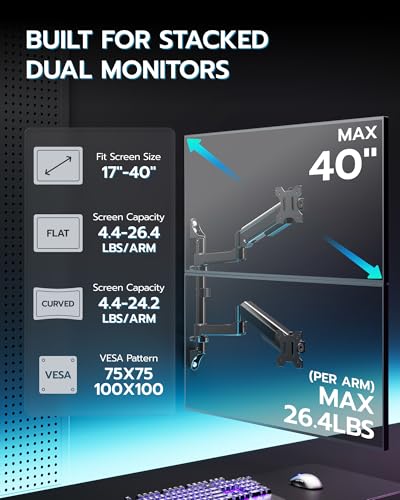 ARES WING 17-40 Inch Ultrawide Vertical Dual Monitor Wall Mount, Black - color: Black, size: Dual Monitor Arm