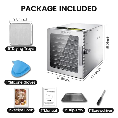 Cercker Food-Dehydrator Machine 8 Stainless Steel Trays, 500W Jerky Dehydrator for Meat, 190ºF Mushroom Dryer, 24H Timer Fruits Dryer for Herbs, Veggies, Yogurt & Dog Treats - size: 8 trays