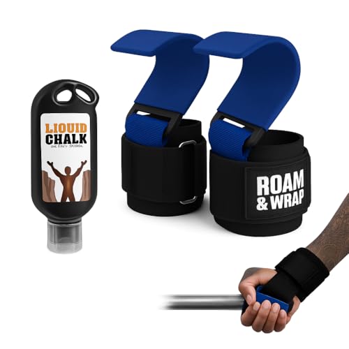 Roam & Wrap -Premium Weight Lifting Hooks for Deadlifts, Pull-Ups & Shrugs – Thick Neoprene Padding, Non-Slip Grip, Heavy Duty Wrist Support + Free 50ml Liquid Chalk - color: Blue