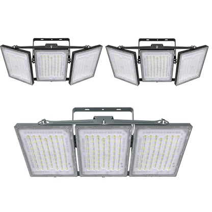 STASUN 3 Pack LED Flood Lights Outdoor(Black+Gray), 600W 60000lm 6000K Daylight White IP66 Waterproof, Commercial Parking Lot Lights, 3 Heads for Yard Street Stadium Outdoor Area Floodlight Bright