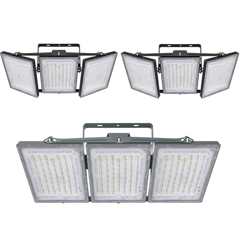 STASUN 3 Pack LED Flood Lights Outdoor(Black+Gray), 600W 60000lm 6000K Daylight White IP66 Waterproof, Commercial Parking Lot Lights, 3 Heads for Yard Street Stadium Outdoor Area Floodlight Bright