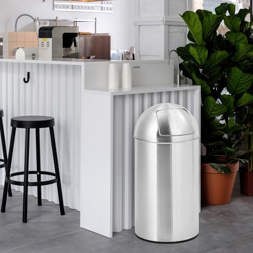 Heavy Duty Stainless Steel Public Trash Can – 13 Gallon (50l), Push Lid & Removable Inner Metal Bucket, Fingerprint-Proof, Durable Cylindrical Bin for Commercial and Public Spaces
