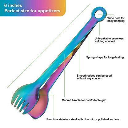 MSY BIGSUNNY Multicolor Small Serving Tongs - 6 Inches Premium Stainless Steel Appetizer Tongs, Set of 4 - color: Rainbow, size: 6 inch