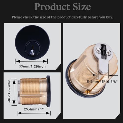 2 Pack Brass Mortise Door Cylinder Lock, 1 Inch Length Keyed Standard SC1 Keyway, Door Replacement Lock Cylinder with 2 keyed Alike Keys Suitable for Home and Commercial Use (Black). - size: 1 Inch