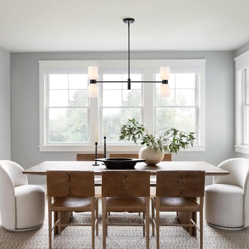 Modern Linear Chandelier for Kitchen Island, Black Island Light Fixtures with White Glass Shade, 4-Light Linear Pendant Light Fixture for Dining Room - color: Black