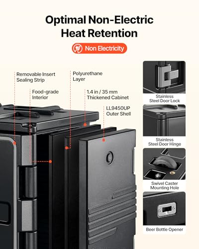 VEVOR Insulated Food Pan Carrier, 95 Qt Non-Electrical Food Warmer, with Wheel & 304 Stainless Steel Latch, LLDPE Stackable Hot Box, for Various Pan Sizes(NOT Included), Fit Catering BBQ Event(Black) - size: 25.6 x 17.7 x 24.4 in