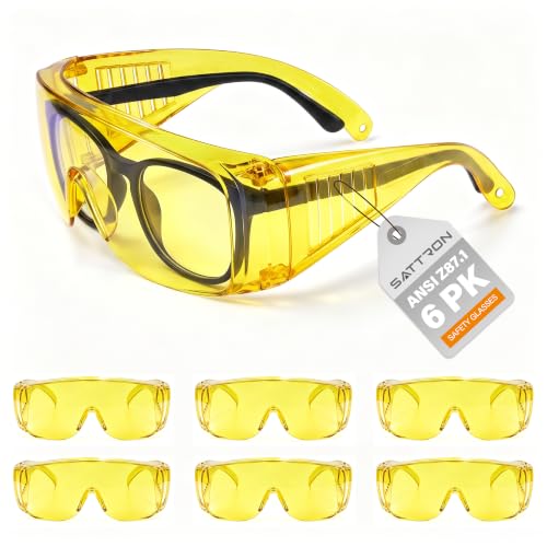 Amber Safety Glasses Over Eyeglasses 6 Pack ANSI Z87.1 Impact & Scratch Resistant, Wide Vision Fits Over Glasses Dust/Chemical Splash Proof Protective Eyewear for Work Construction Yellow Lens - color: 6 Pack/ Amber Glasses