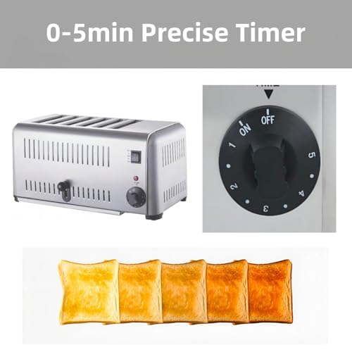 Electric 6 Slice Countertop Pop-up Toaster, Stainless Steel Commercial Restaurant Toaster Machine with 6 Wide Slots for Bagel Bread, 1-5 Minutes Timer Cooling Vents