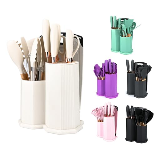 Kitchen Cooking Utensils and Knife Set with Holder Block, 19 Pieces Cooks Cutting Set 11 Pcs Silicone Cooking Utensils Sharp Stainless Steel Knives Scissors Whisk Tongs and Cutting Board (Teal) - color: Teal