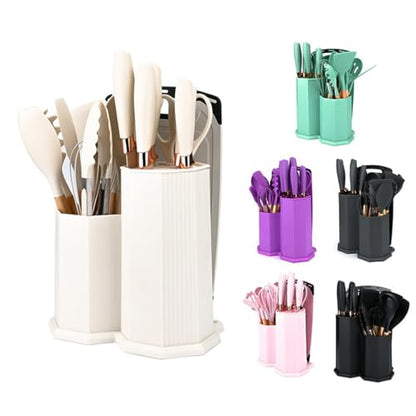 Kitchen Cooking Utensils and Knife Set with Holder Block, 19 Pieces Cooks Cutting Set 11 Pcs Silicone Cooking Utensils Sharp Stainless Steel Knives Scissors Whisk Tongs and Cutting Board (Teal) - color: Teal