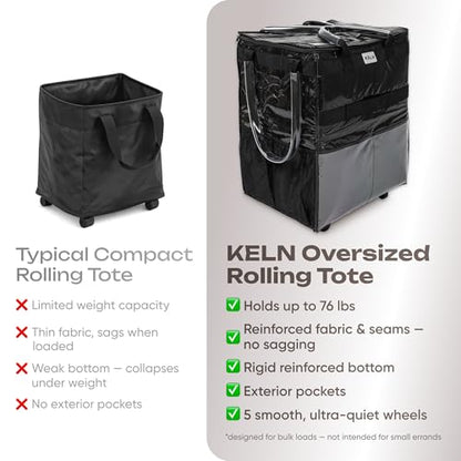 KELN Rolling Tote Bag on Wheels – 76 lb Foldable Shopping Cart – Black - color: Black