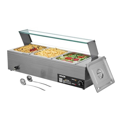 VEVOR Commercial Food Warmer, 1500W Electric Stainless Steel Steam Food Warmer with Glass Cover, 3-Pan Countertop Buffet Bain Marie with Soup & Perforated Ladles, for Catering, Restaurant & Party - size: 36.22 x 14.37 x 15.16 in