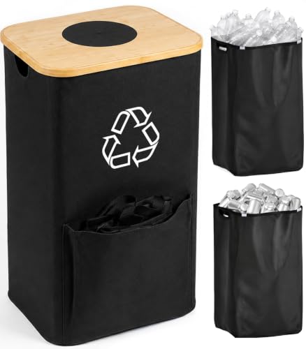 Recycling Bin for Kitchen with Bamboo Lid (Black) - color: Black