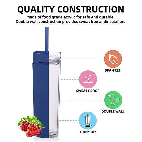 Volhoply 16oz Plastic Skinny Tumbler with Lid and Straw Bulk 4 Pack,Insulated Double Wall BPA Free Matte Acrylic Tumblers,Iced Coffee Travel Mug Reusable Party Cup,Customizable Diy Gifts(Navy,4 Set) - color: Navy