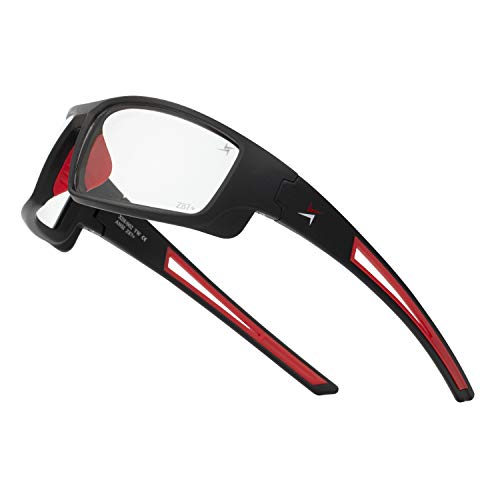X Power ANSI Z87+ Safety Sunglasses Impact Resistant Polycarbonate Lens & Double Injection Frame - color: 002 Matte Black & Red Frame / Clear Lens