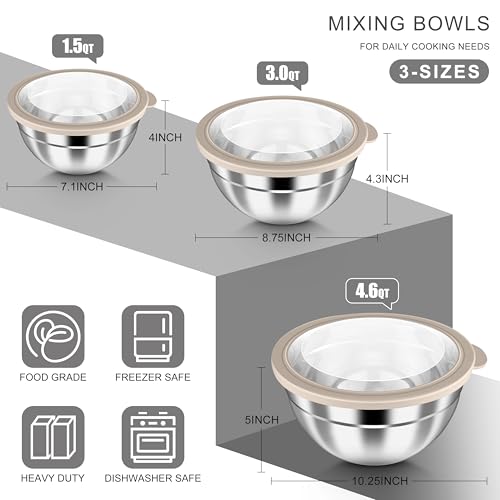 HaWare Mixing Bowls with Clear Airtight Lids, Stainless Steel Nesting Bowls - color: Khaki, size: Visible Airtight Lids