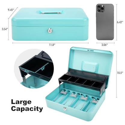 Cash Box with Key Lock & Auto-Pop Coin Tray – Secure Steel Money Box with 4 Upgraded Finger-Safe Bill Clips, Premium Smooth Scratch-Resistant Coating, 11.8"L x 9.5"W x 3.5"H, KL Teal - color: KL Teal