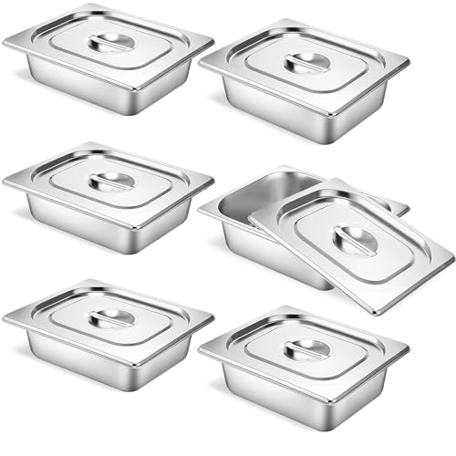 6 Pack Hotel Pans 1/2 Size 2.5" Deep Stainless Steel Steam Table Pan w/Lids - color: 1/2, size: 2-1/2'' Deep