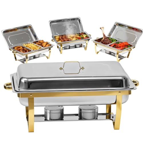 9Qt Chafing Dishes for Buffet, 4 Pack Gold 304 Stainless Steel Chafing Dish Sets, Complete Buffet Server and Warmers Set with Multiple Size Pans for Parties - color: Silver+golden