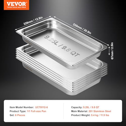 VEVOR 6 Pack Stainless Steel Hotel Pans,2.5-Inch Deep 0.8mm Thick Commercial Food Pans, Anti-Jam Catering Food Storage Metal Pan for Steam Tables, Food Warmer,20.8 x 13 x 2.5inch - size: 1/1 Size, style: 2.5 inch Deep 6 Pack
