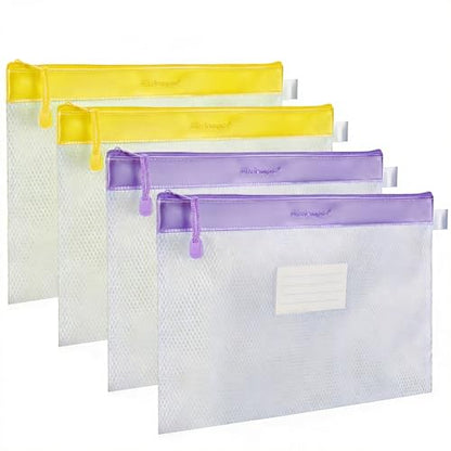 Wisdompro Zipper Pouch, 4 Pack Waterproof Mesh File Bag, Document Organizer - color: Purple/Yellow