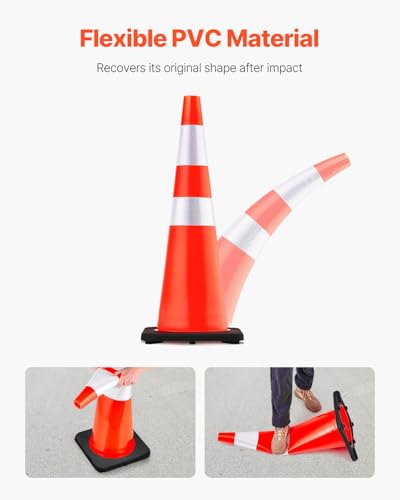 VEVOR Safety Cones, 6 Pack 36" Traffic Cones, PVC Orange Construction Cones with Reflective Collars and Black Weighted Base, for Traffic Control, Driveway Road Parking and School Improvement - size: 36"(6Cones)