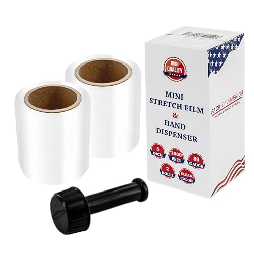 Pack of America Mini Stretch Film - 2 Rolls with Handle, 5” x 1000 Feet, 80 Gauge (20 Micron) Industrial Heavy Duty Plastic Shrink Wrap and Dispenser for Packing, Shipping, Pallet, Moving Supplies
