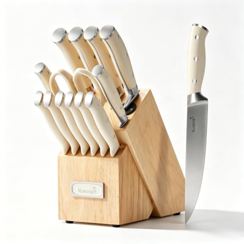 KUISINE Upgraded Knife Set High Carbon Stainless Steel Sharper Blade Ergonomic Handle,Knife Block Set with Built- in Sharpener(Ivory Pro Acacia,15PCS) - color: Ivory Pro