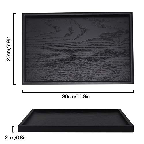 Solid Wood Serving Tray Rectangle Non-Slip Tea Coffee Snack Plate Food Meals Serving Tray with Raised Edges for Home Kitchen Restaurant(11.8x7.9x0.8, Black)