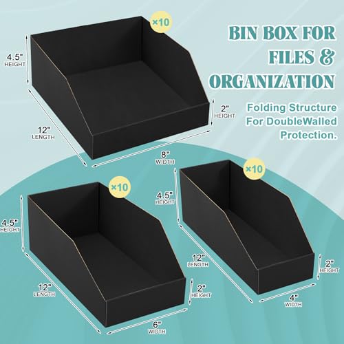 Fuyoooo 30 Pack 12 x 4/6/8 x 4.5 Inches Cardboard Storage Bins Open Top Bin Boxes Black Corrugated Shelf Organizer Bins for Pantry, Parts, Garage, Snacks, Bottles, Cans or Warehouse Home Cubby - size: 12 x 4/6/8 x 4.5 Inches