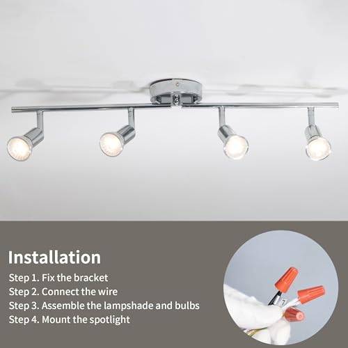Qcyuui Modern 4-Light Track Lighting Kit, Flush Mount Wall/Ceiling Spot Lights Fixture, LED Track Lighting with Chrome Rotatable Light Head for Kitchen Living Room, 4×GU10 Bulb (Included) - color: Chrome