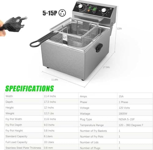 VIKEER Electric Deep fryer Stainless Steel Deep Fryer with Basket & Lid Capacity 10L(10.5QT) Electric Countertop Fryers for Home Kitchen and Restaurant with 60 Minute Timer, 1800 Watts, 120V