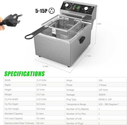 VIKEER Electric Deep fryer Stainless Steel Deep Fryer with Basket & Lid Capacity 10L(10.5QT) Electric Countertop Fryers for Home Kitchen and Restaurant with 60 Minute Timer, 1800 Watts, 120V