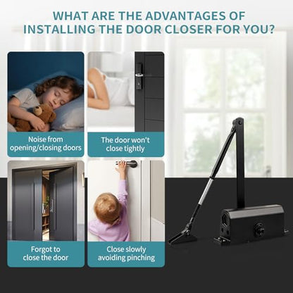 Medium Duty Hydraulic Door Closer for Commercial & Residential Use - Perfect for Screen Doors, Garage Entry, and Interior Doors with Soft Close Technology - Adjustable Automatic Door Closing Mechanism