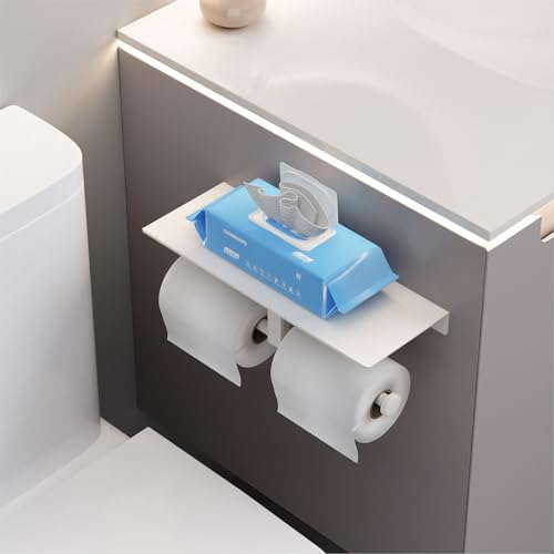 Danpoo Bathroom Toilet Paper Holder with Shelf, Wall Mount, Double Roll, White - color: White
