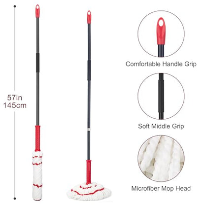 KeFanta Self Wringing Twist Mop, Easy Wringing Mop with 57 " Long Handle - color: Red (1 Handle & 1 Mop Head)
