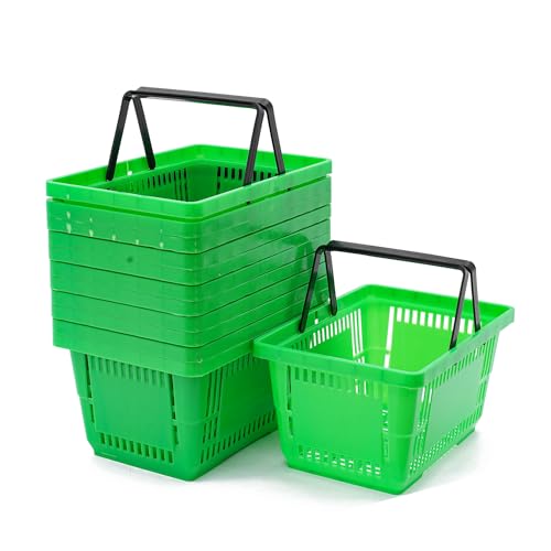 12 Pcs Shopping Baskets 28L 7.4Gal Plastic Shopping Baskets with Handles, Portable Grocery Basket for Supermarket Retail Shop Book Store Laundry, 18.9x13x10.2 Inch (Green) - color: Green