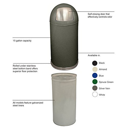 Witt Industries 15DTSVN Steel 15-Gallon Standard Dome Top Indoor Waste Receptacle with Galvanized Liner and Push Door, Round, 15" Diameter x 35" Height, Silver