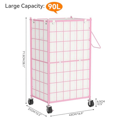WOWLIVE Rolling Laundry Basket, Metal Wire Frame Laundry Hamper with Wheels - color: Pink, size: 100l