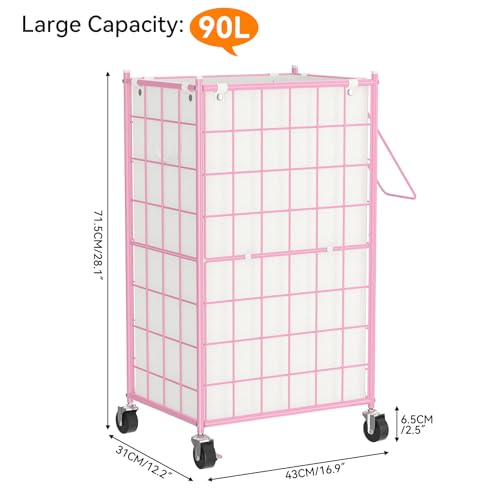 WOWLIVE Rolling Laundry Basket, Metal Wire Frame Laundry Hamper with Wheels - color: Pink, size: 100l