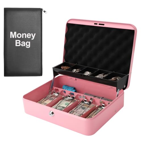 Cash Box with Key Lock – 0.7mm Steel Cash Drawer with Money Bag & Auto-Pop Coin Tray, 4 Upgraded Finger-Safe Bill Clips, Portable Register for Vendors, Business & Home, 11.8" x 9.5" x 3.5", Soft Pink - color: Soft Pink
