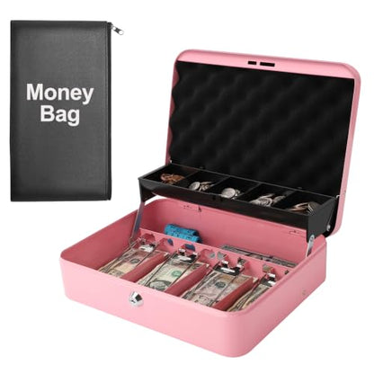 Cash Box with Key Lock – 0.7mm Steel Cash Drawer with Money Bag & Auto-Pop Coin Tray, 4 Upgraded Finger-Safe Bill Clips, Portable Register for Vendors, Business & Home, 11.8" x 9.5" x 3.5", Soft Pink - color: Soft Pink