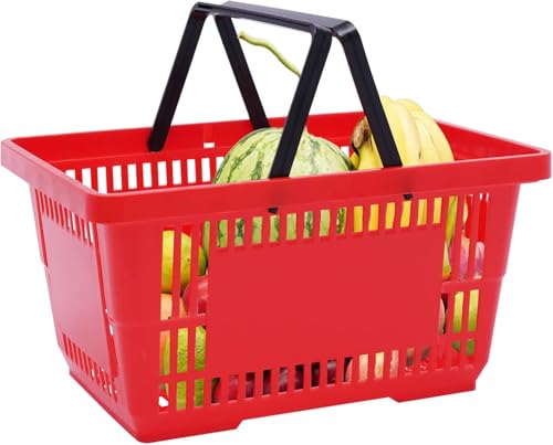 12PCS Shopping Basket Blue Portable 17''×12''×9'' Plastic Shopping Basket Set with Handles Handheld Basket Cart for Supermarket Grocery Retail Store Supplies (Red) - color: Red